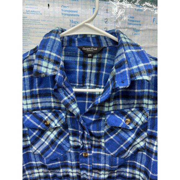 Canyon Creek Womens Medium Blue Plaid Check Casual Button Down Flannel Pocket - Picture 4 of 5